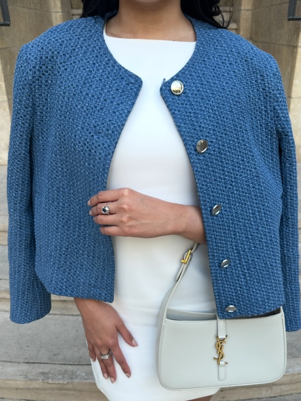 Rosae Paris Light Blue Textured Jacket with Silver  Buttons - Size 36